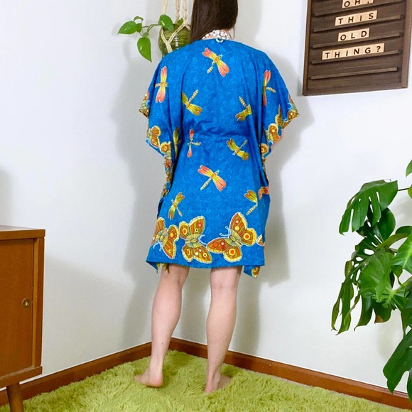 80s Vintage Orange Green Blue Butterfly Dragonfly Print Kaftan Swimsuit Coverup - Picture 4 of 4